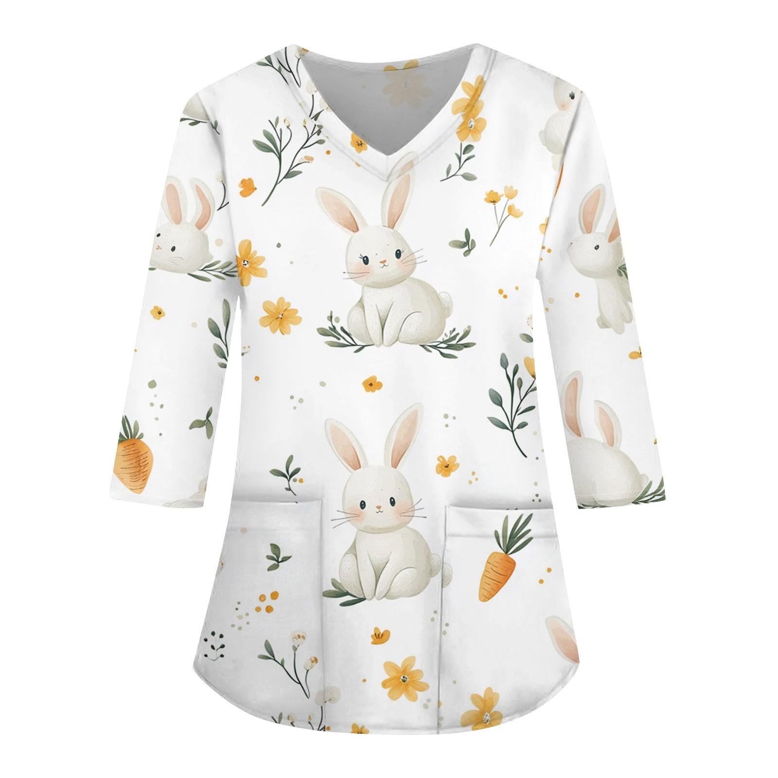 

Модная женская рабочая одежда с v-образным вырезом и рукавами 3/4, свободные топы с карманами и принтом M белый