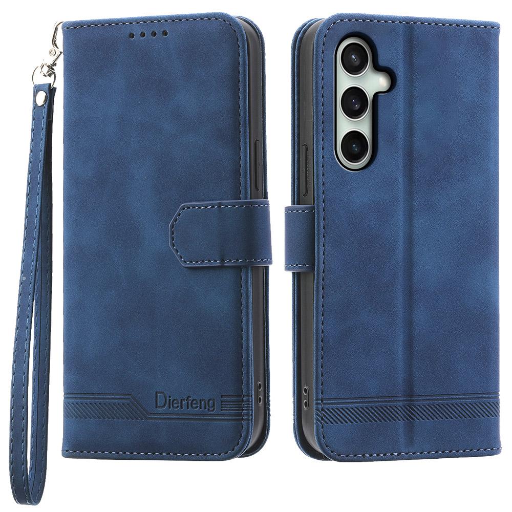 DIERFENG DF-03 For Samsung Galaxy S25 FE Case Lines Imprint Wallet Leather Phone Cover with Wrist Strap