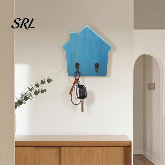 No Damage Wall Mounted Hooks Wood House Shape Storage Hook, Strong Traceless Adhesive Decorative Solid Hangers American Style Hanger for Home Entryway