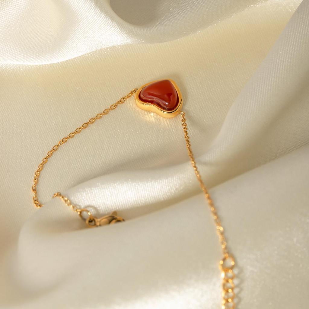 18K Gold Plated Red Agate Heart Bracelet - Trendy European & American Fashion Jewelry