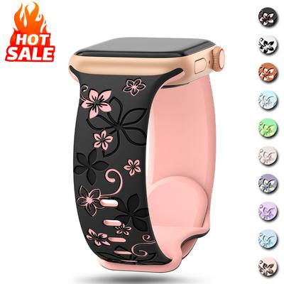Floral Engraved Strap For Apple Watch Band 46mm 41mm 40mm 44mm 45mm 42mm 49mm Silicone Sport iWatch Series 11 10 SE 9 8 Ultra 2