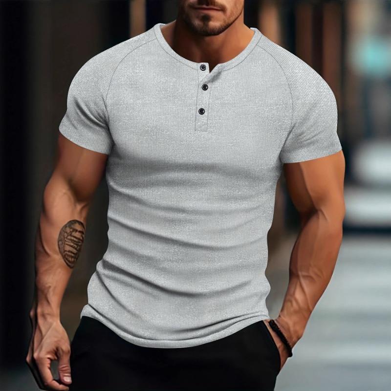 Men Vertical Ribbed Henley Neck Short Sleeve T-Shirt Casual Slim Fit Top