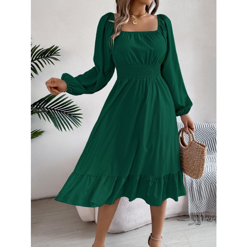 

Женское весенне-летнее повседневное однотонное платье с квадратным воротником и длинными рукавами, защипнутой талией XL зелёный