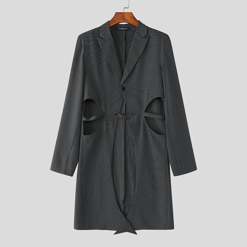 

INCERUN Men Lapel Neck Long Sleeve Front Cross Cutout Splits Striped Casual Long Blazer Coats 5XL серый