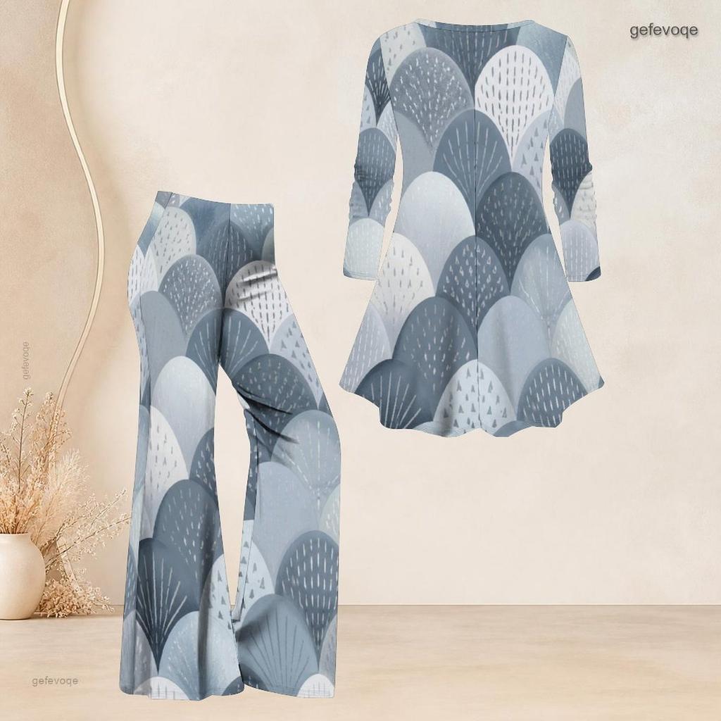 Women Plus Size Round Neck Three Quarter Sleeve Printed Flared Top And Flared Pants Two Piece Set