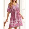 Women‘s V Neck Half Sleeve A-Line Maxi Dress Loose Fit Printed Bohemian Gown