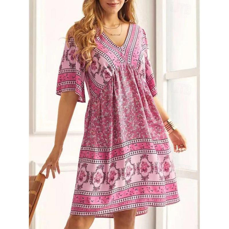 Women‘s V Neck Half Sleeve A-Line Maxi Dress Loose Fit Printed Bohemian Gown