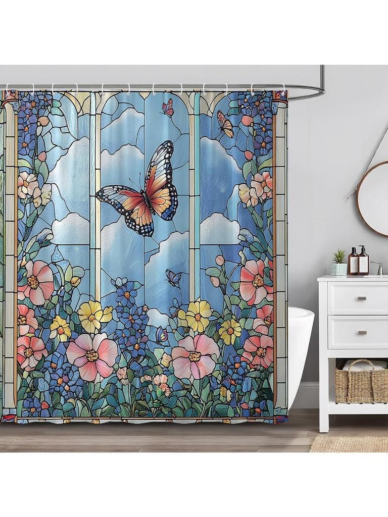 Rustic Floral Butterfly Shower Curtain Abstract Stained Glass Boho Wildflower Blue Window Fantasy Castle Romantic Elegant