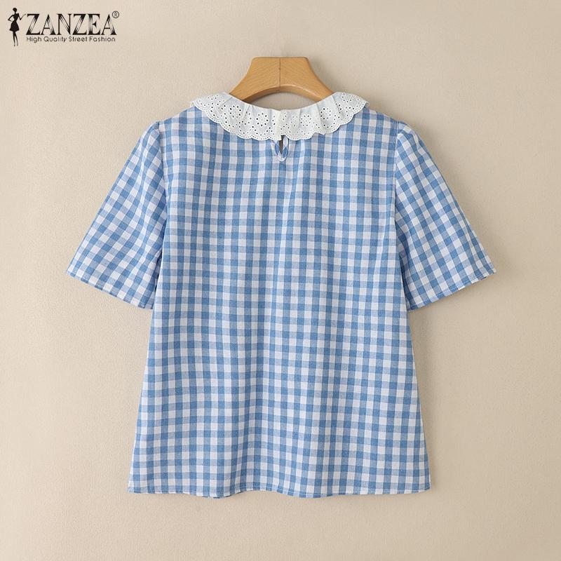 ZANZEA Damen Patchwork Rundhals Casual Kurzarm Bluse mit Karomuster