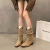 Coarse Heel Khaki Suede Stacking Boots Medium Tube Knight Boots Women's Boots 2025 Autumn and Winter Pointed Head~ V Mouth Thin Boots