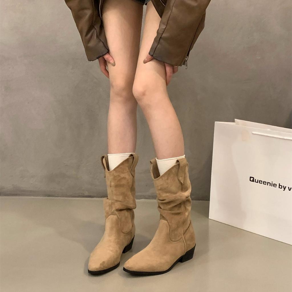 Coarse Heel Khaki Suede Stacking Boots Medium Tube Knight Boots Women's Boots 2025 Autumn and Winter Pointed Head~ V Mouth Thin Boots