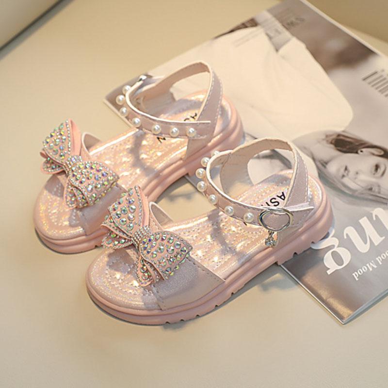 Size Children Bowknot Pearl Princess Shoes For Girls Soft Sole Crystal Beach Shoes For Kids Girls Opentoe Light Sandals 26
