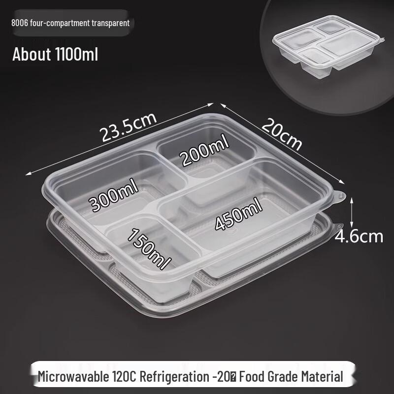 Handun 1100ml 4-Compartment Transparent Disposable Takeout Containers