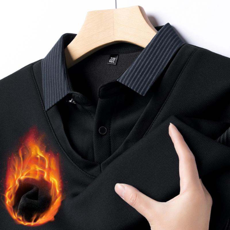 

Men s Winter Fleece Fake Two Piece T-shirt Button Striped Polo Shirt Long Sleeve Fashion Casual Thicken Solid Lapel Male Tops M чорний