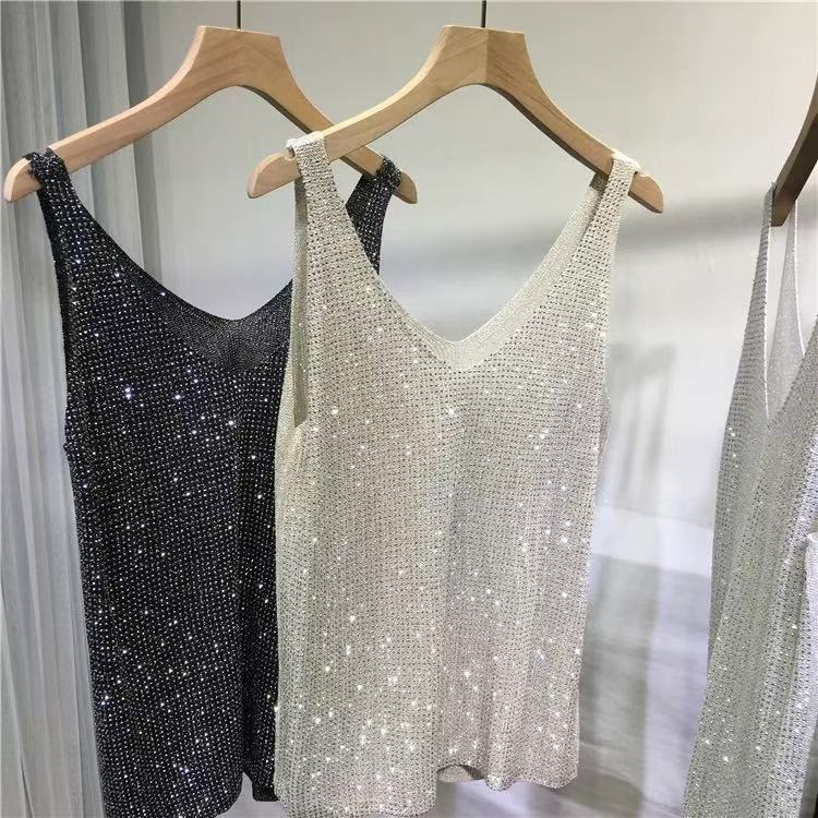 Spicy Girl Hot Diamond Collar Knitted Strap Top Women's Full Diamond Sparkling Unique Loose Western Style Versatile Top