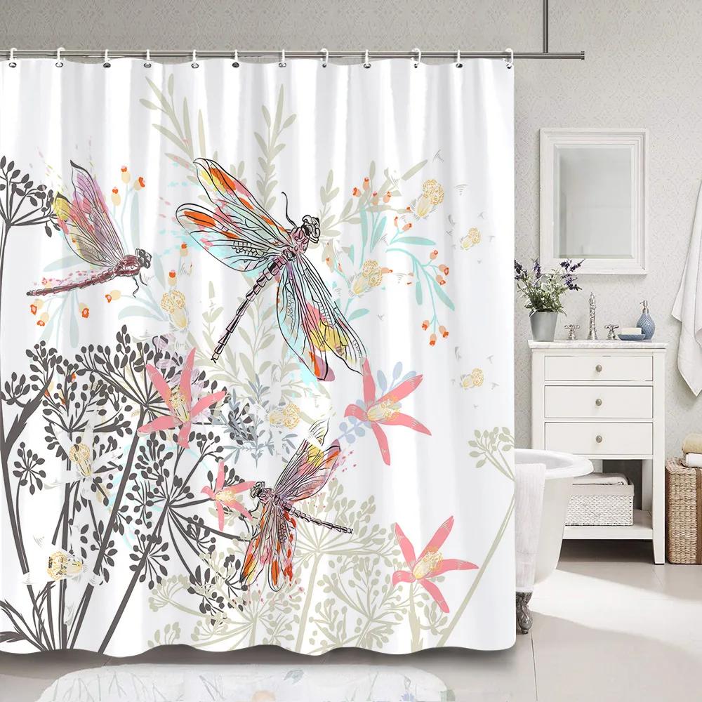 Dragonfly Watercolour Shower Curtain Dandelion Lavender Flower Polyester Fabric Home Art Bath Curtains Bathroom Decor with Hooks