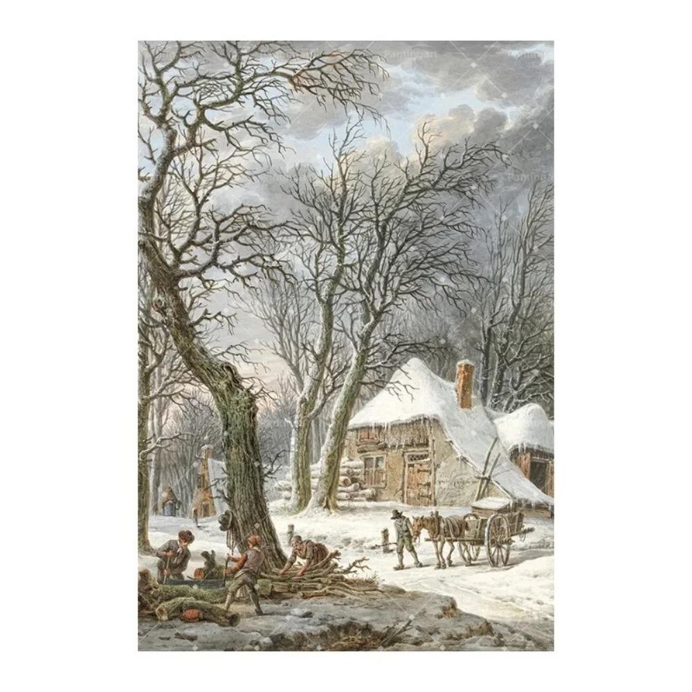 Peinture sur toile Forêt enneigée d'hiver nordique Locomotive à vapeur vintage Élan Renard roux Cabane Paysage Affiche d'art Décor de salon