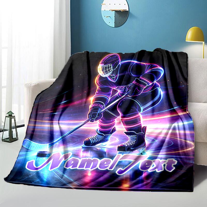 1PC Custom Name Neon Hockey Player Art outdooor Flannel blankets Throw Blanket All-Season Throw Gift Bedspread for Couch, Bed, Camping Holiday Birthda