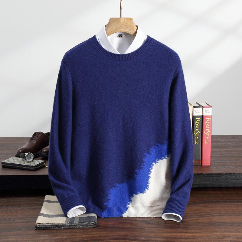 2025 Men's Autumn/Winter Color Block Cashmere Knit Jacquard Sweater - Loose Long Sleeve Base Layer