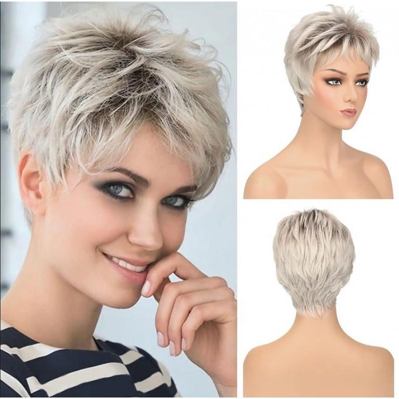 Womens Short Straight Wig Black Side Part Fluffy Natural Look Fashion