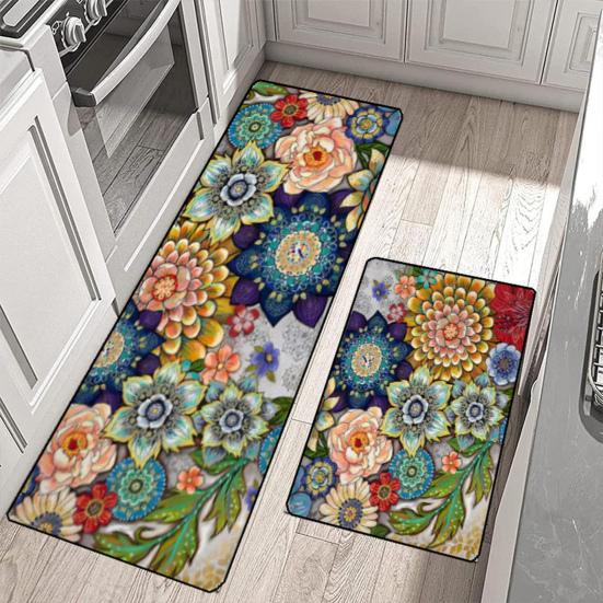 2 alfombras de cocina con estampado floral de colores vibrantes, resistentes al desgaste, antideslizantes, fáciles de limpiar, antiincrustantes