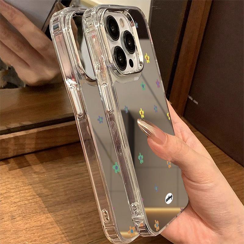 Small Floral Print Makeup Mirror Phone Case For IPhone 17 16 15 14 Pro Max 13 12 11 Air 17e 16e Protective Anti-slip Cover