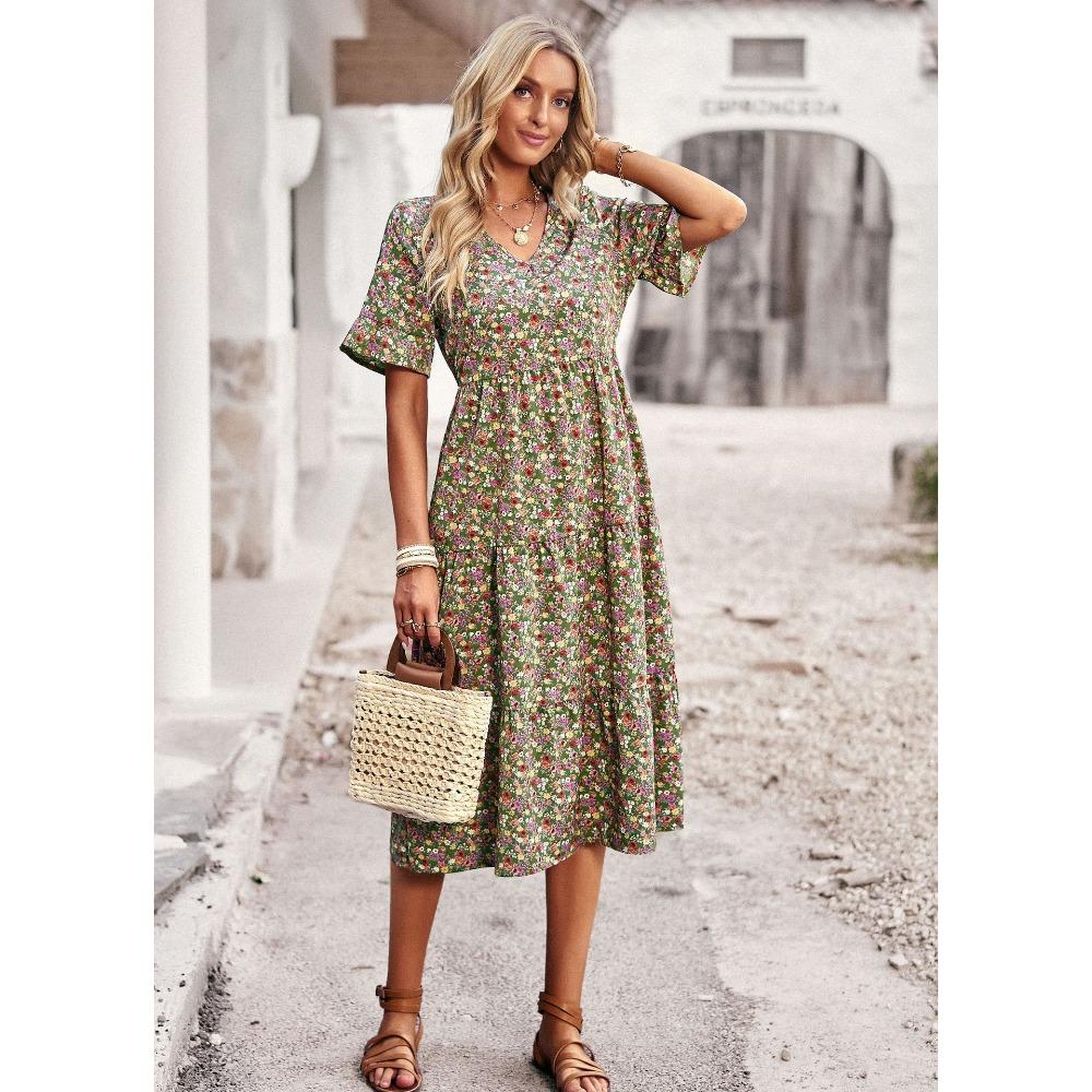 Elegantes V-Ausschnitt Kleid mit kurzen Ärmeln für den Urlaub