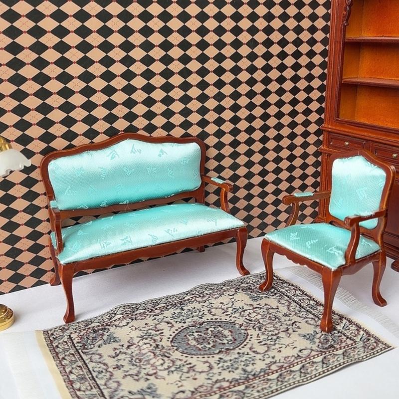 Elegant Blue Floral 1:12 Scale Miniature Sofa Armchair Model Figurine Double Couch For Doll House Scene Setting Furniture