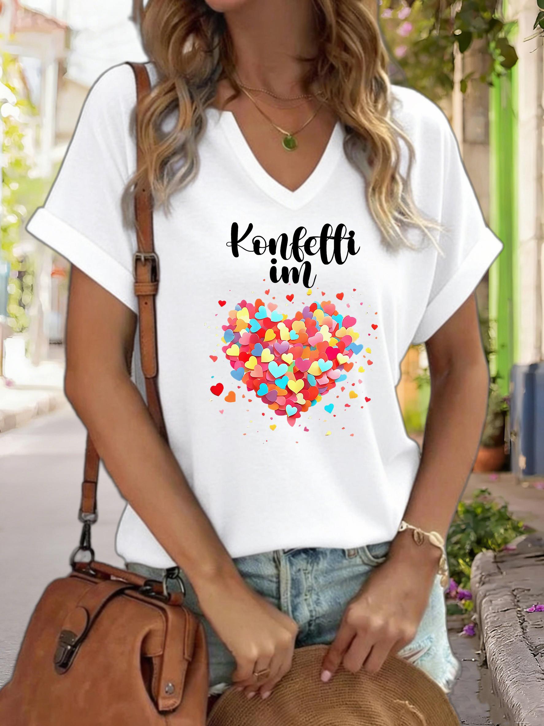 

Women s V-Neck Konfetti Im Graphic Tee, Colorful Heart Confetti Print T-Shirt, Casual Short Sleeve Top S