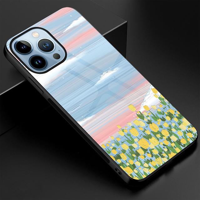 Painted Floral Landscape Case For Iphone 14 13 11 12 Pro Max Mini Xs Xr X 7 8 6s Plus Se 2022 Luxury Tempered Glass Cover Coque