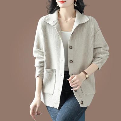 Rollkragen Strickpullover Cardigan für Damen Herbst- und Wintermode Neuer Stil Revers Oberteil Einfarbig Vielseitige Jacke