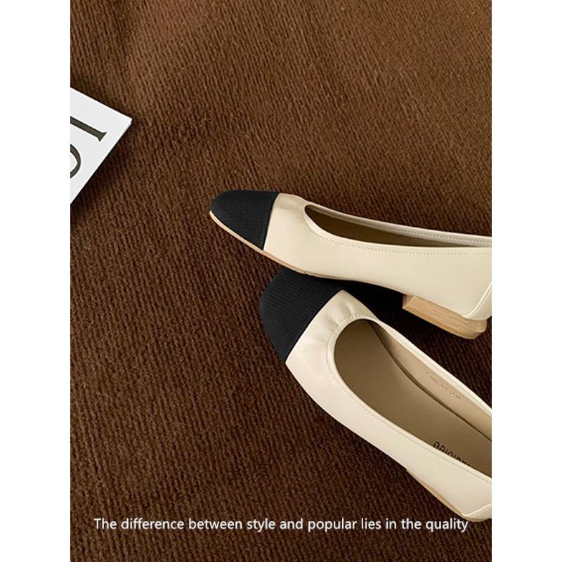 Xiaoxiangfeng single shoes women's 2025 summer new leather light mouth square head flat shoes color matching commuting versatile soft sole