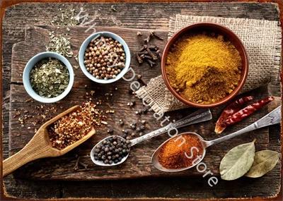 Kitchen Themed Wall Art Decor Colorful Spice and Spoon In Table Metal Tin Sign Food Cooking Ingredients Metal Art Print Decor