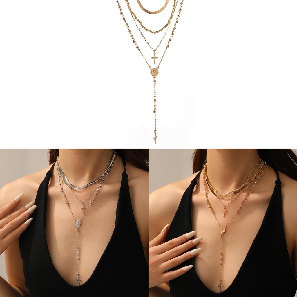 Alloy Cross Pendant Necklace For Women With Multilayer Design And Trendy Style