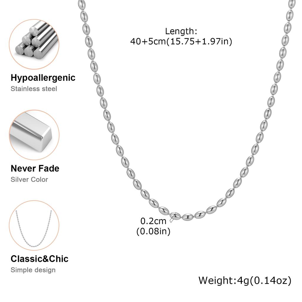 Collana a Catena con Filo di Perle di Riso Ovali Color Argento per Donna, Gioielli Choker con Perline in Acciaio Inossidabile all'Ingrosso