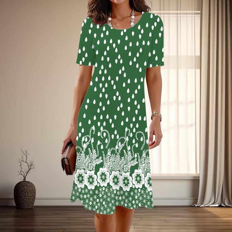 

Женская мода изящный принт в горошек лето весна короткий рукав О-образный вырез повседневные платья 8XL зелёный