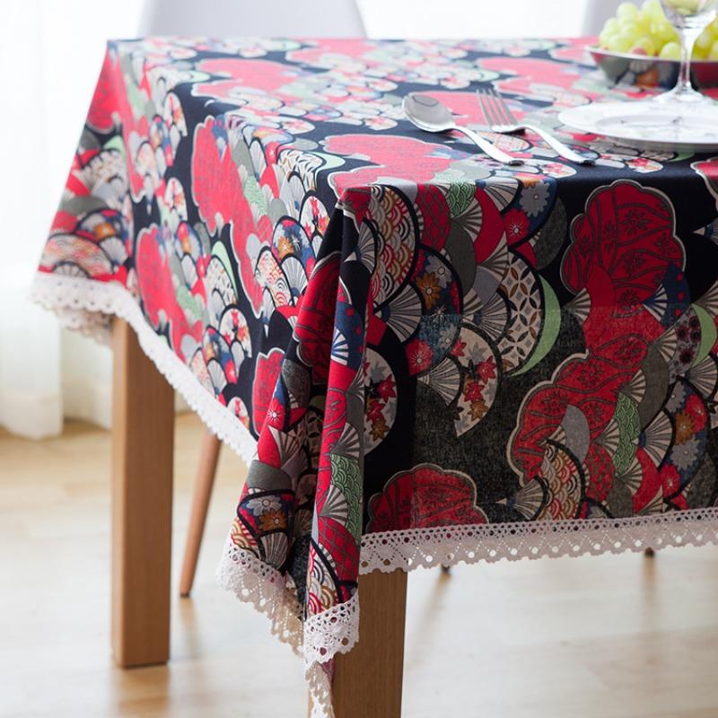 Japanese-Style Fan-Printed Tablecloth, Red Coffee Table Dining Table Cover With Off-White Trim, Holiday Decoration Cover