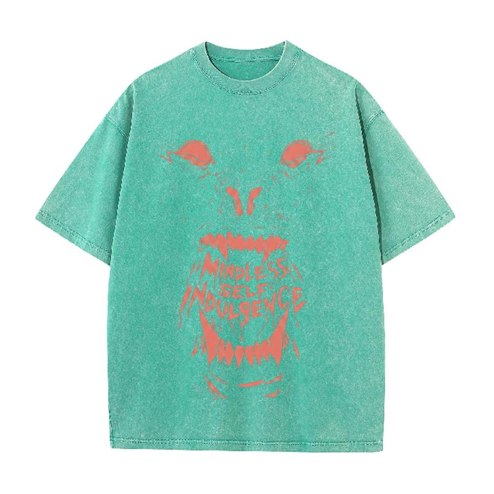 2026 Vintage Washed Black Demon Beast Face Graphic T Shirt Gothic Horror Print Oversized Casual Short Sleeve Tee