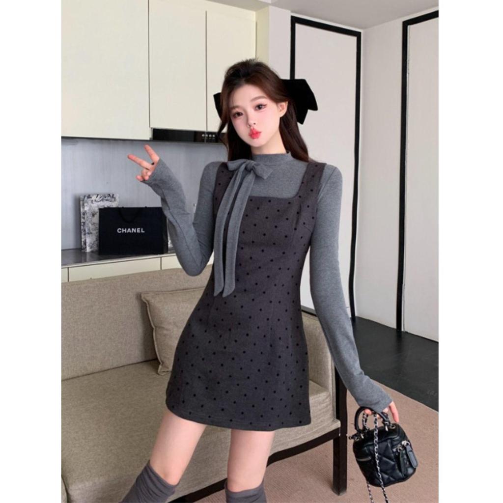 Korean Faux Two-Piece Grey Bow Polka Dot Dress, Waist-Cinched A-Line Skirt for Autumn