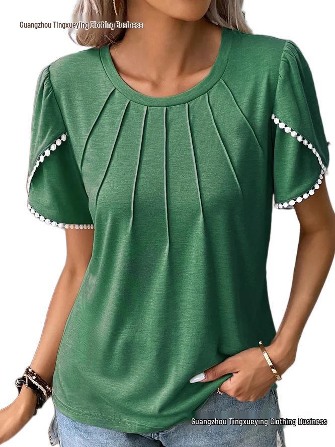 2026 Women's Summer Solid Color Pleated T-Shirt with Lace Short Sleeves