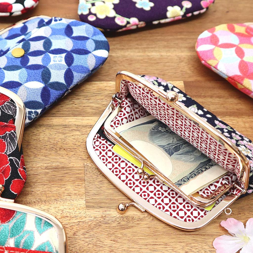 Made in Japan 4-inch Parent-and-Child Gama-guchi Wallet All-Cherry Blossom Design, White, Coin Purse and Card Case, Nikko Chirinmen, Edo Komon