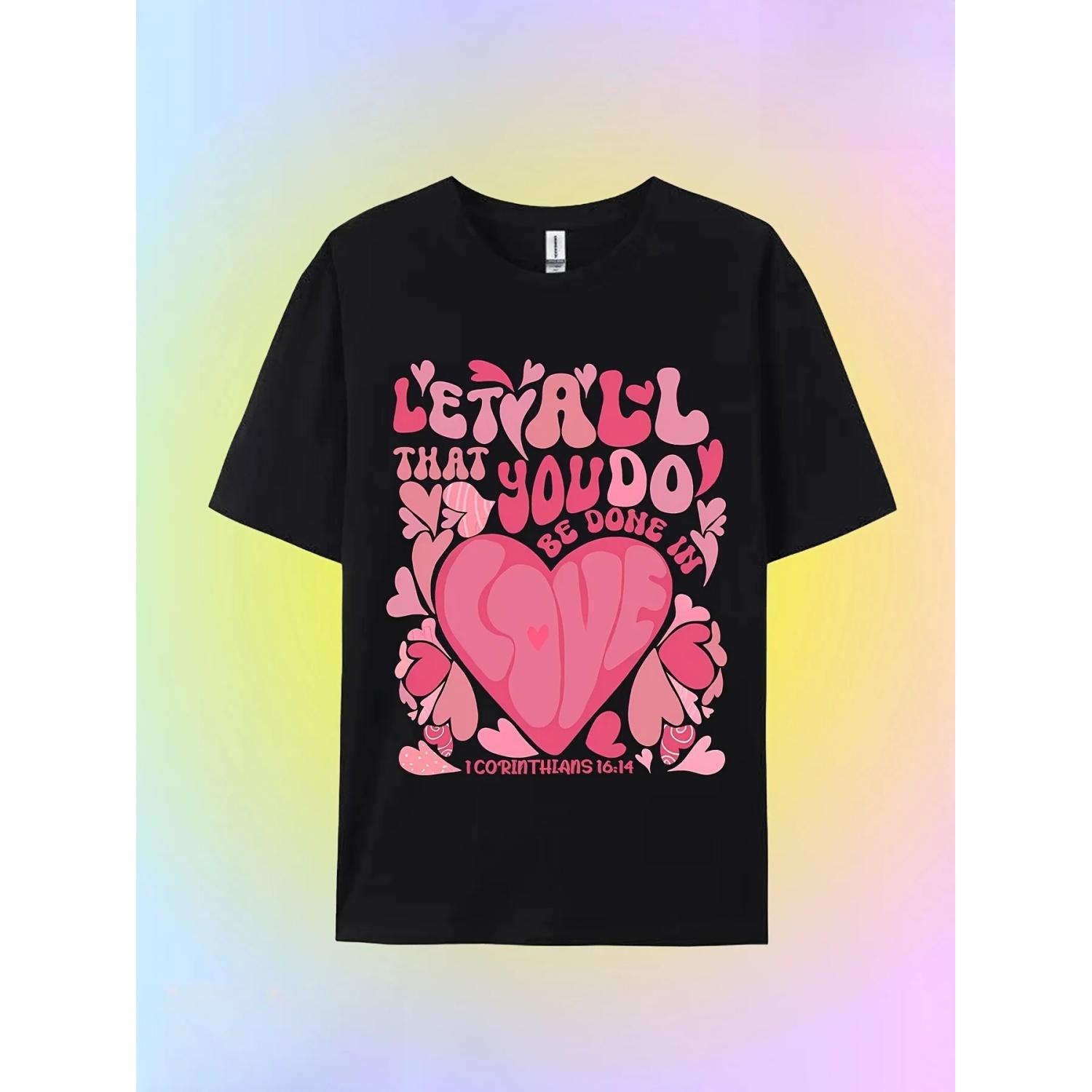 

Pink heart and letter print short-sleeved T-shirt casual and simple style suitable for summer daily wear and going out S чёрный