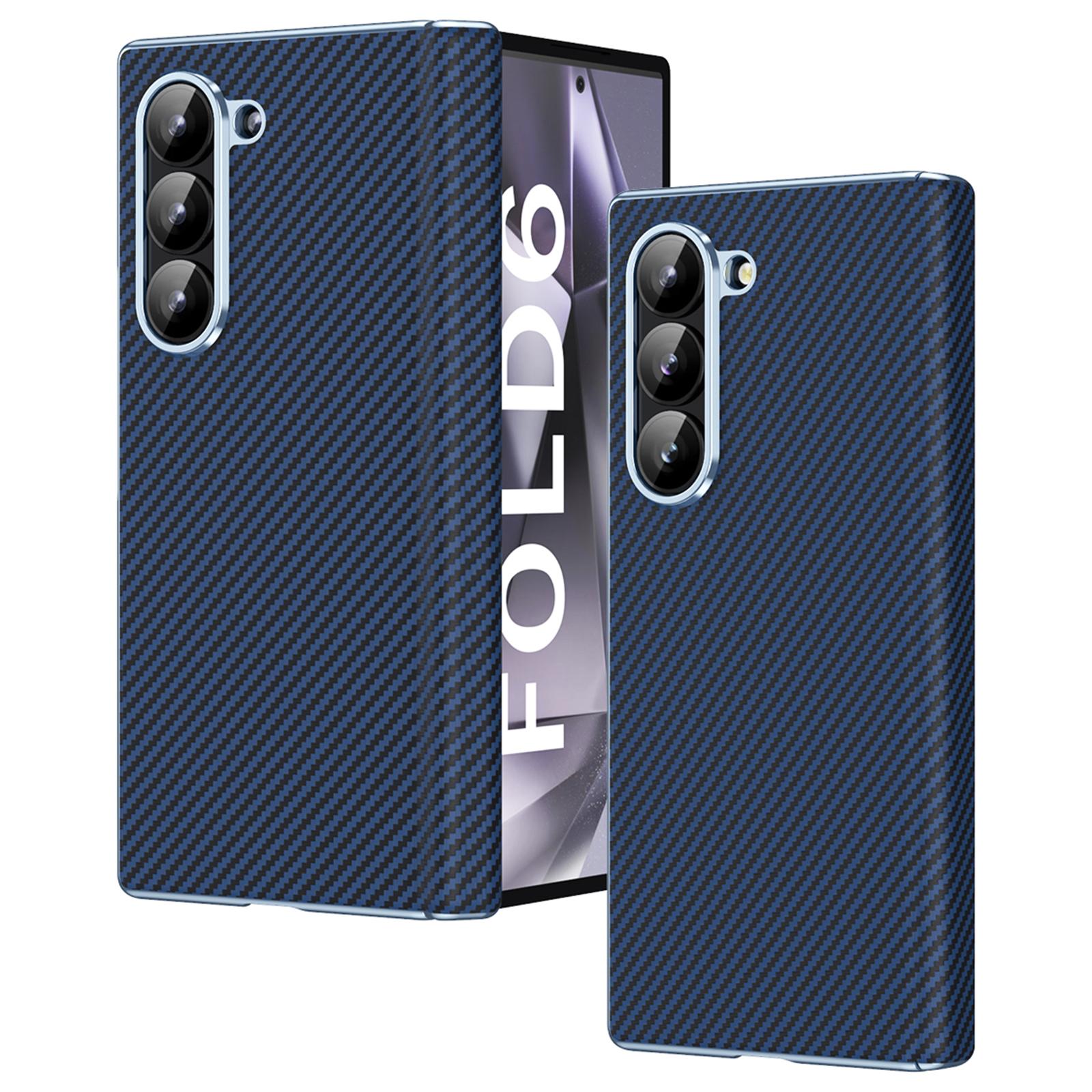 

For Samsung Galaxy Z Fold6 5G Phone Case Electroplating Lens Carbon Fiber Texture PC Cover Blue