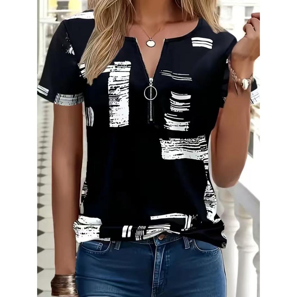 Women's Polo Shirt with Fashionable Zipper and Geometric Design, Summer Loose Short Sleeved T-shirt