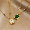 Gold Plated Emerald Square Pendant Necklace, Stainless Steel Station Chain Choker, Waterproof Green Gem Jewelry for Women Gift