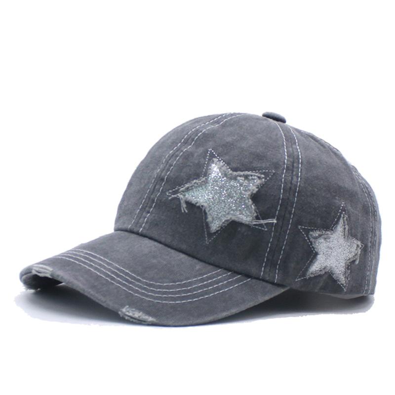 European and American Tide Pure Cotton Washed Ponytail Hole Five Pointed Star Baseball Cap Fashion Ponytail Hole Curved Brim Cap