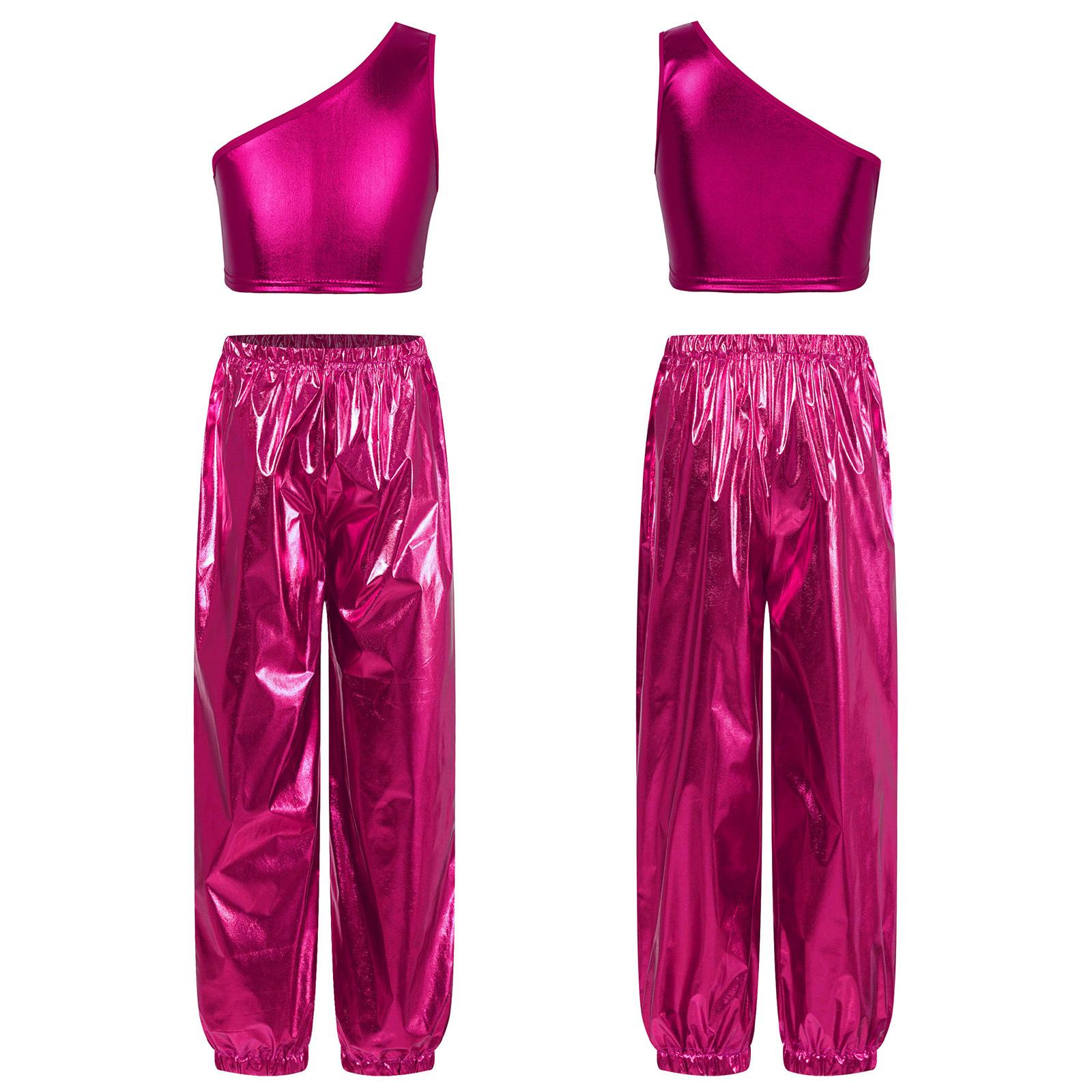 

Дівчачий костюм для танцювальної вечірки з топом на одне плече з металевим блиском та блискучими штанами для сценічних виступів, святкування днів народжень 9-10 Years рожевий червоний колір