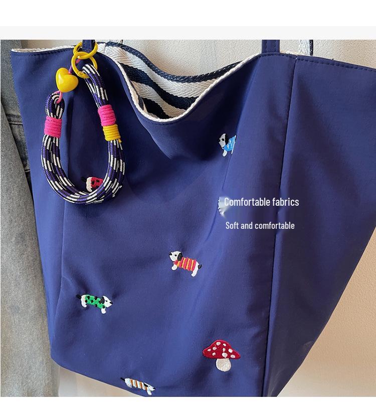 Women's Nylon Cartoon Puppy Embroidery Single Shoulder Tote Bag with Pendant, Striped Double-Sided Design
