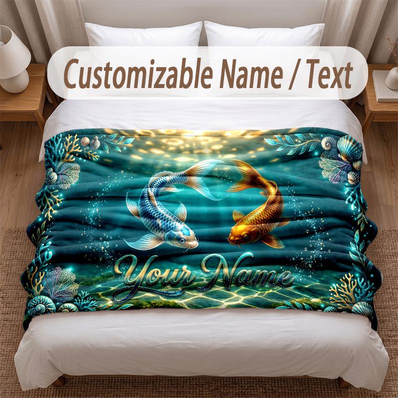 Fish Ocean Theme Soft Blanket Personalized Custom Name Text Print Warm Blanket Home Sofa Bedroom Decor