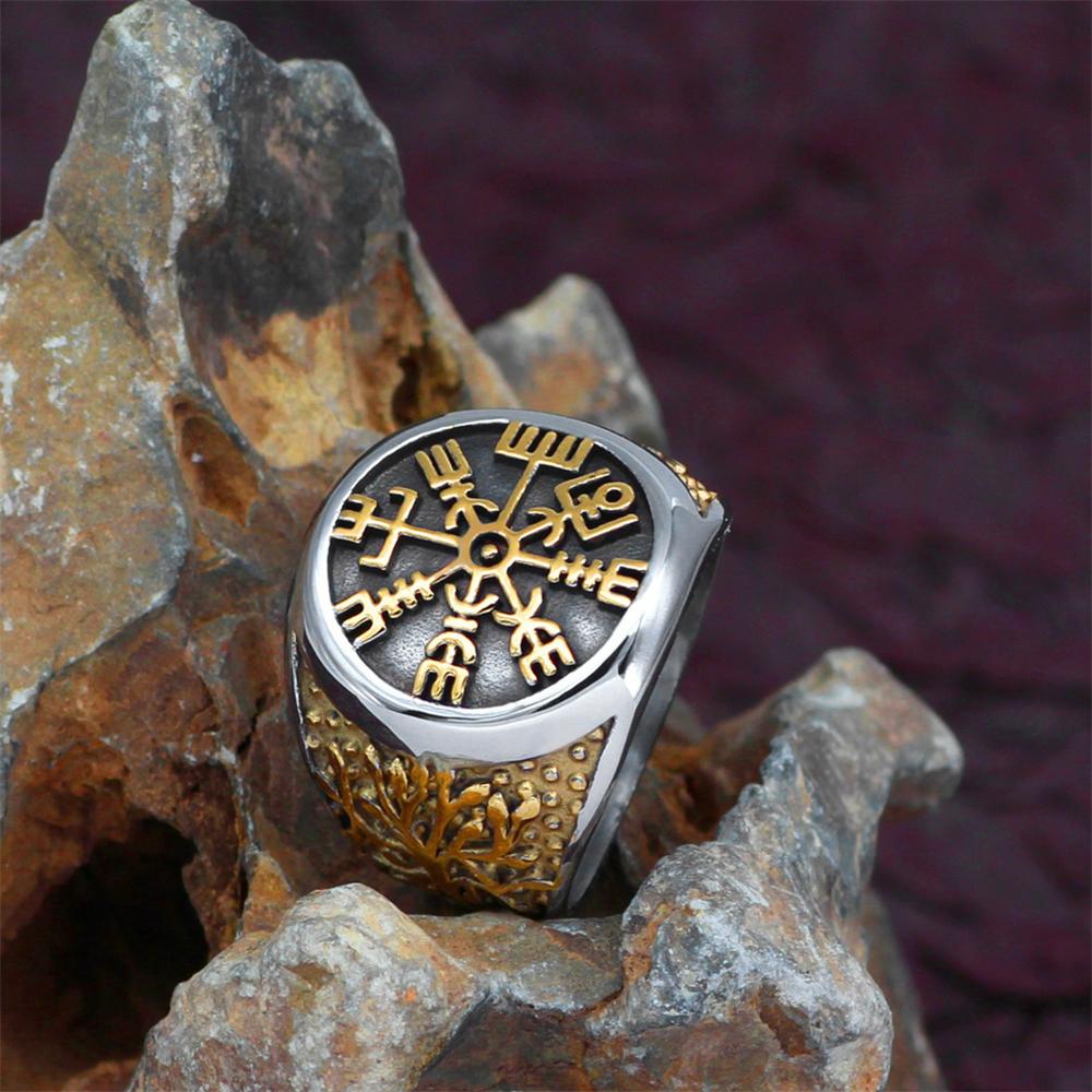 Never Fade Gold Color Viking Trident Rune Rings Men Stainless Steel Norse Mythology Valknut Amulet Finger Ring Male Jewelry Gift